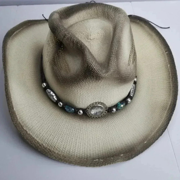 100% Natural Straw Silver and Clear Jeweled Cowboy Hat with Back Ties - Picture 1 of 15